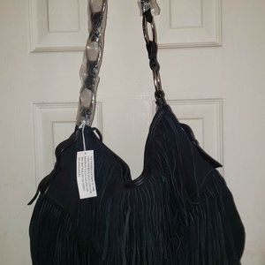 NWOT Black Leather Fringe Purse - Boho - Hobo Bag - Bloomingdales